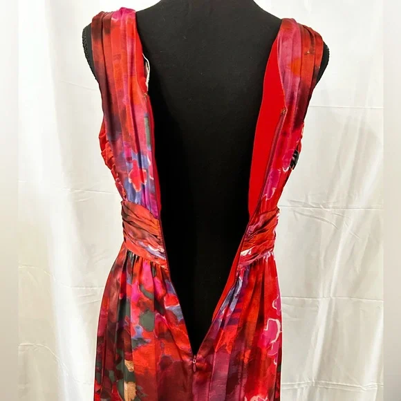 Banana Republic Sleeveless‎ Silk Blend, Double V Neck Midi Dress Red & Purple 6P - Picture 5 of 12